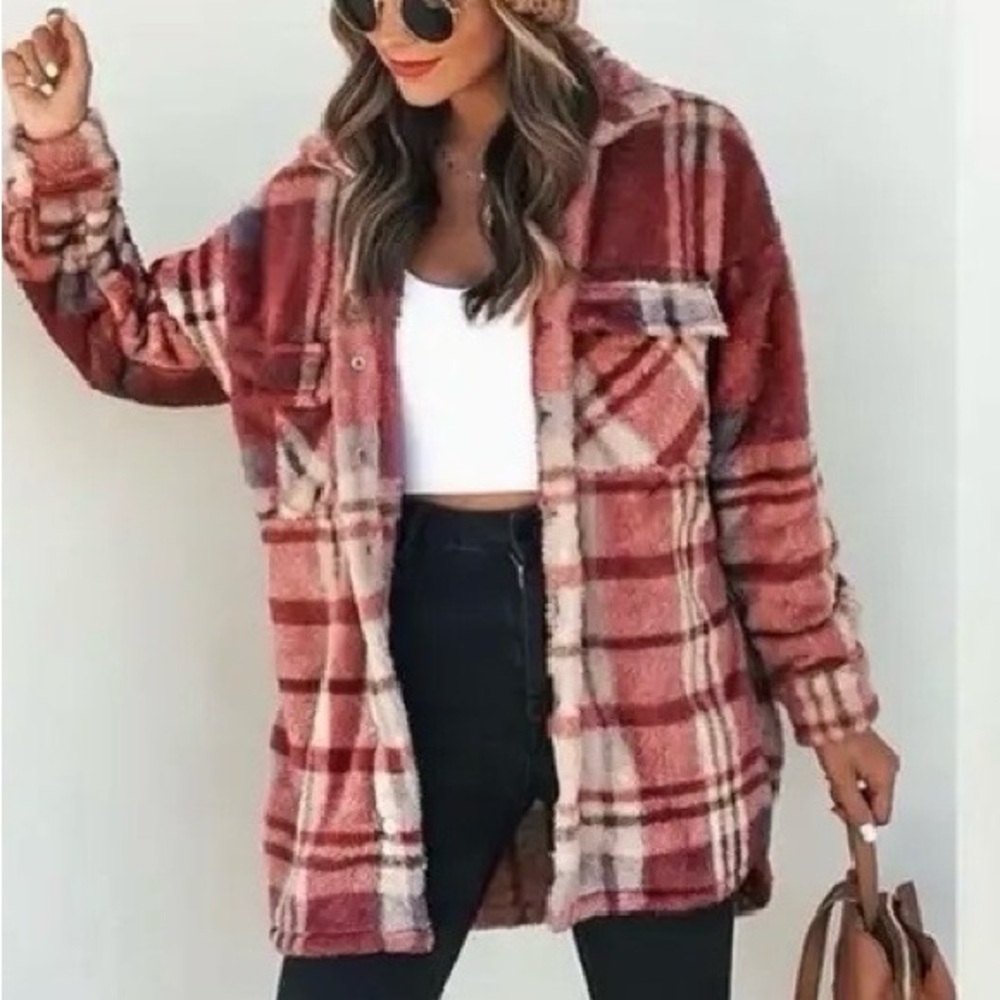 ViCI Plaid Shacket Teddy Soft Fall Jacket in Rose Pink Cream